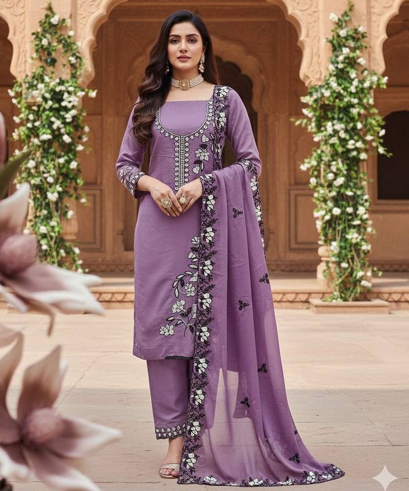 purple embroidered georgette salwar kameez for festive wear