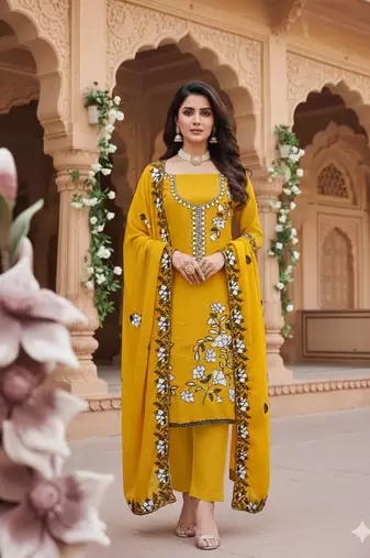 yellow embroidered star georgette salwar kameez for festive wear