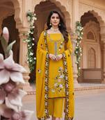 yellow embroidered star georgette salwar kameez for festive wear
