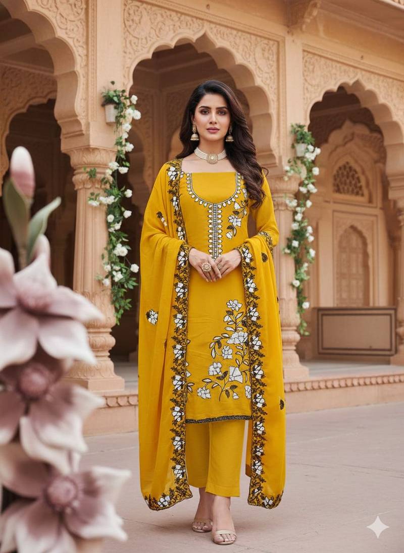 yellow embroidered star georgette salwar kameez for festive wear