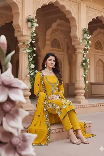 yellow embroidered star georgette salwar kameez for festive wear