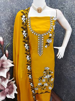 yellow embroidered star georgette salwar kameez for festive wear 3