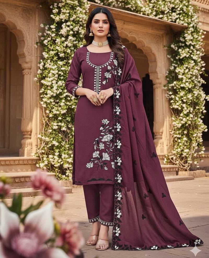 wine star georgette embroidered fabric for salwar kameez