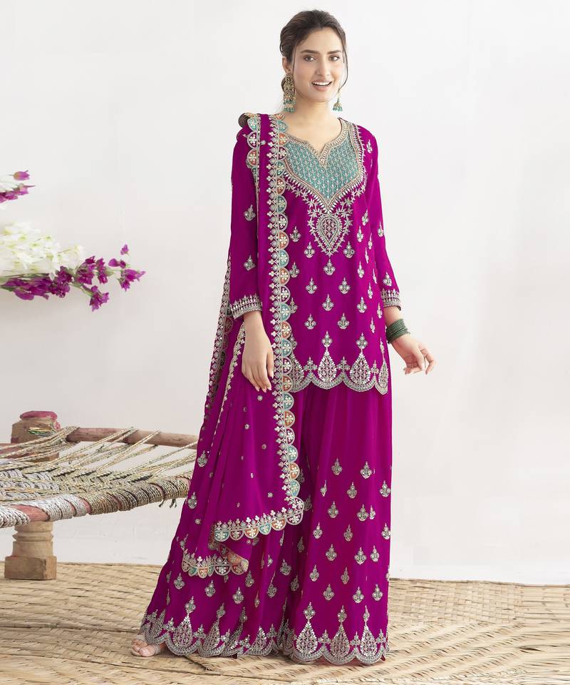 pink chinon fabric embroidered designer palazzo suit