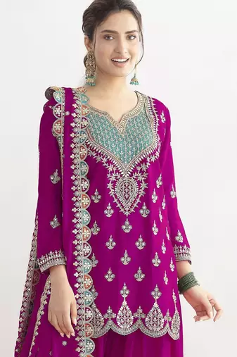 pink chinon fabric embroidered designer palazzo suit