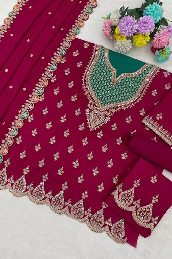 pink chinon fabric embroidered designer palazzo suit