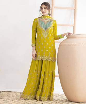 yellow chinon fabric embroidered party wear palazzo suit 1