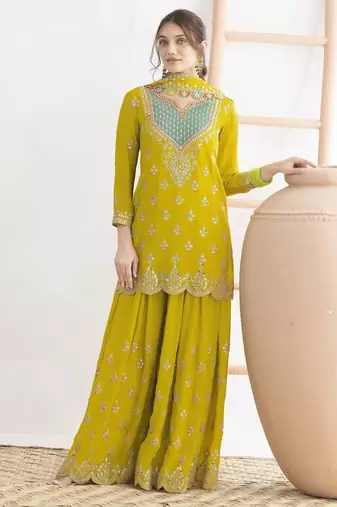 yellow chinon fabric embroidered party wear palazzo suit