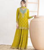 yellow chinon fabric embroidered party wear palazzo suit