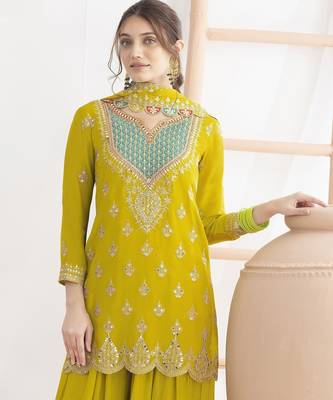 yellow chinon fabric embroidered party wear palazzo suit 2