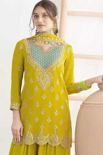 yellow chinon fabric embroidered party wear palazzo suit