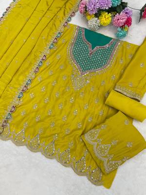 yellow chinon fabric embroidered party wear palazzo suit 3