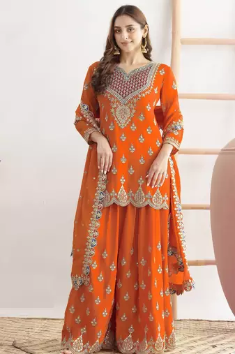 orange chinon fabric embroidered designer palazzo suit