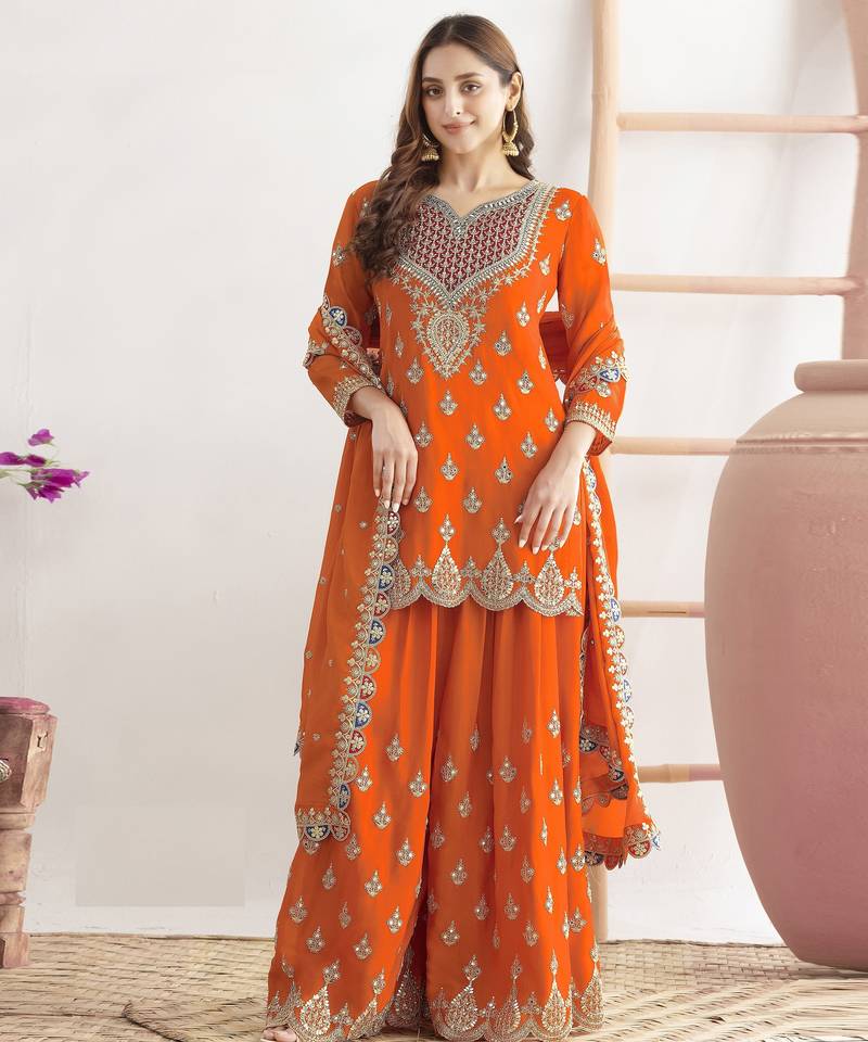 orange chinon fabric embroidered designer palazzo suit