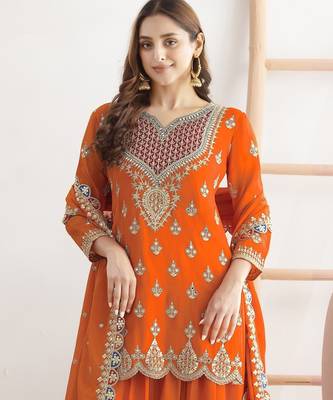 orange chinon fabric embroidered designer palazzo suit 2