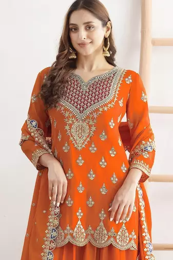 orange chinon fabric embroidered designer palazzo suit