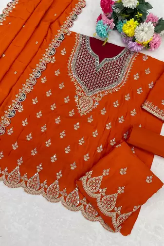 orange chinon fabric embroidered designer palazzo suit