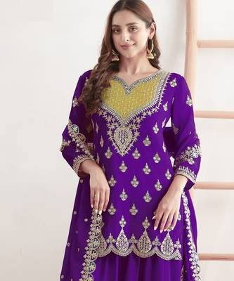purple chinon fabric embroidered designer palazzo suit 2
