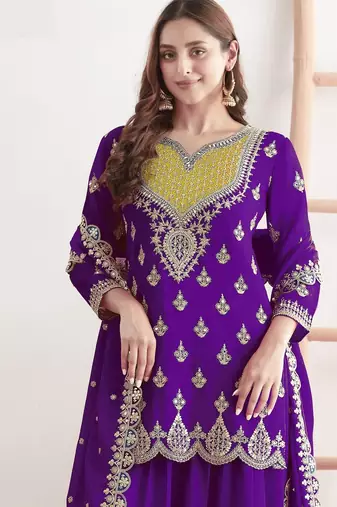 purple chinon fabric embroidered designer palazzo suit