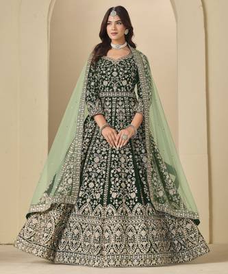 green heavy embroidered wedding ceremonial anarkali suit 1