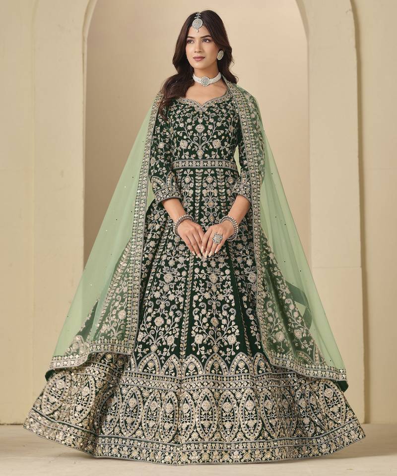 green heavy embroidered wedding ceremonial anarkali suit