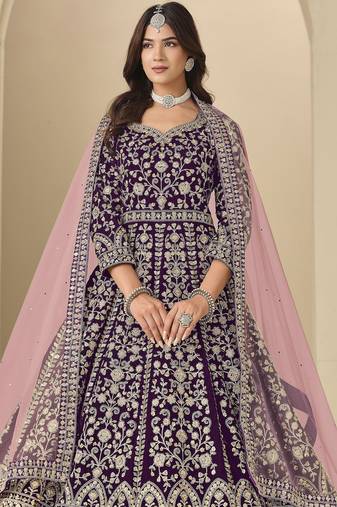 wine heavy embroidered anarkali suit for ceremonial wear