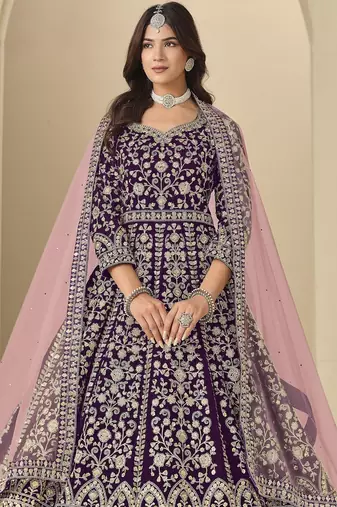 wine heavy embroidered anarkali suit for ceremonial wear
