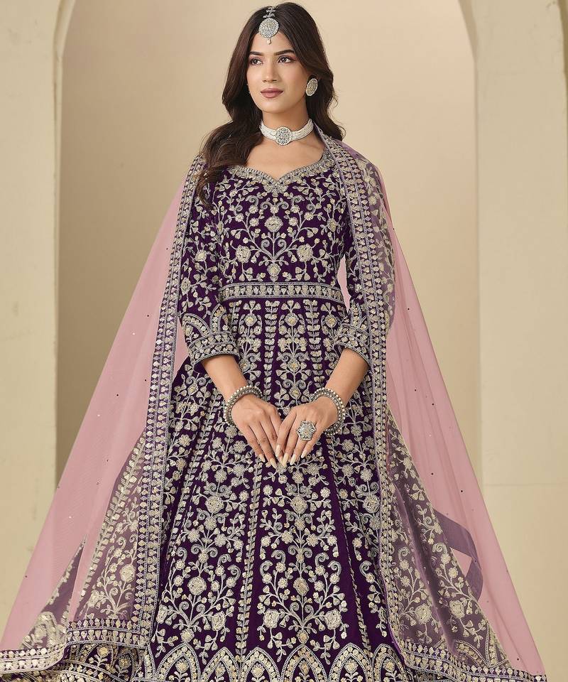 wine heavy embroidered anarkali suit for ceremonial wear