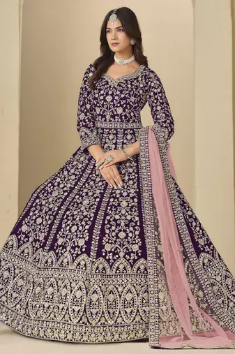wine heavy embroidered anarkali suit for ceremonial wear