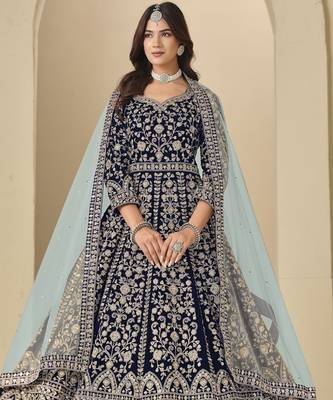 blue heavy embroidered wedding wear anarkali suit 1