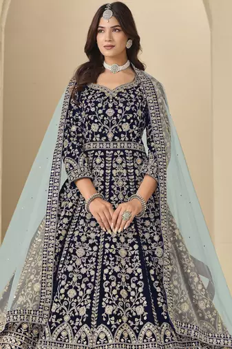 blue heavy embroidered wedding wear anarkali suit