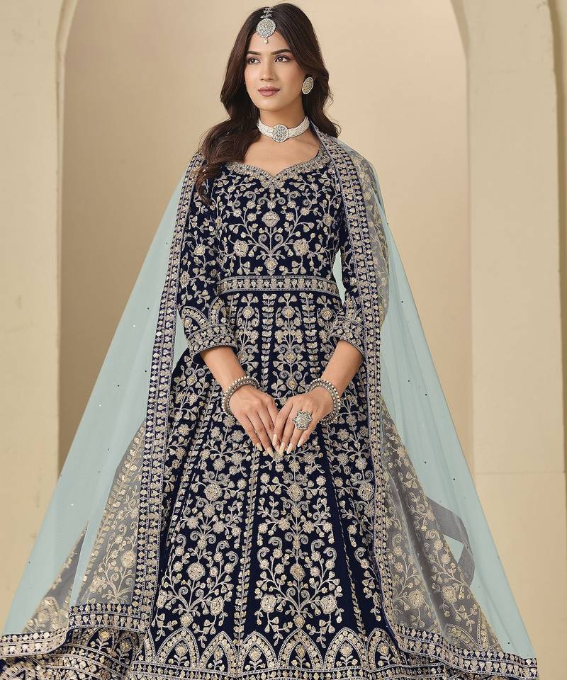 blue heavy embroidered wedding wear anarkali suit