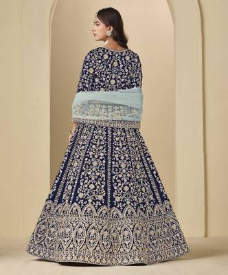 blue heavy embroidered wedding wear anarkali suit 2