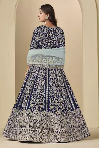 blue heavy embroidered wedding wear anarkali suit