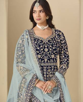 blue heavy embroidered wedding wear anarkali suit 3