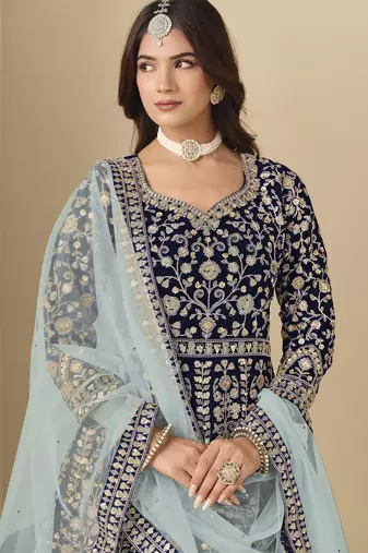 blue heavy embroidered wedding wear anarkali suit