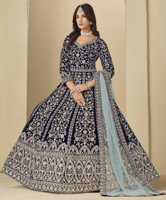 blue heavy embroidered wedding wear anarkali suit 4