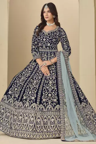 blue heavy embroidered wedding wear anarkali suit