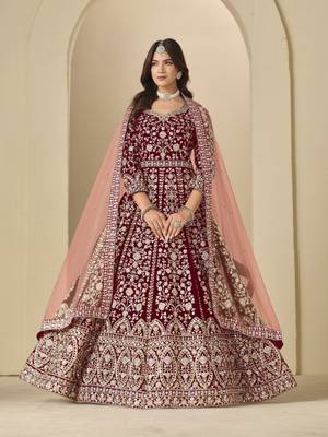 maroon heavy embroidered anarkali suit for wedding functions 1