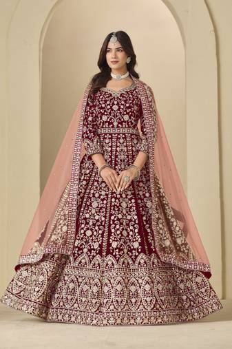 maroon heavy embroidered anarkali suit for wedding functions