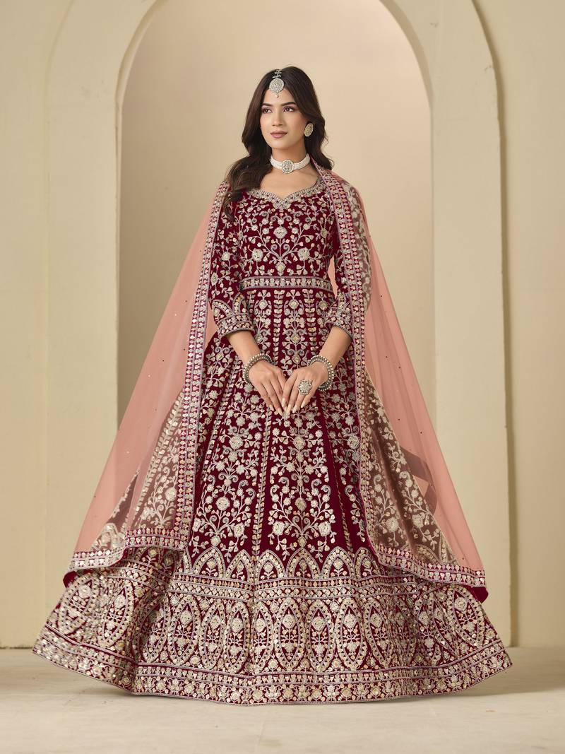 maroon heavy embroidered anarkali suit for wedding functions