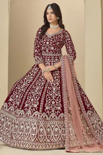maroon heavy embroidered anarkali suit for wedding functions