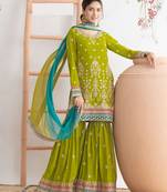 green embroidered chinon sharara suit for festive occasions