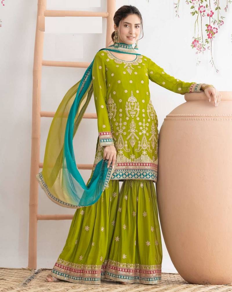 green embroidered chinon sharara suit for festive occasions