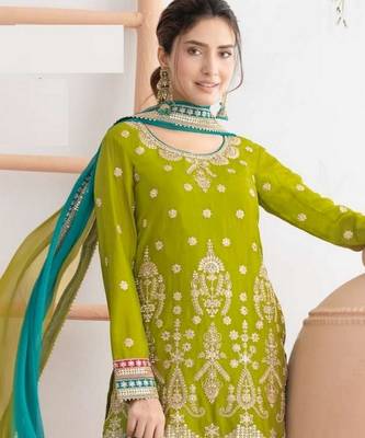 green embroidered chinon sharara suit for festive occasions 2