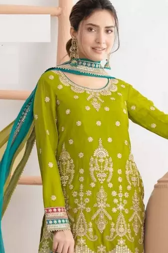 green embroidered chinon sharara suit for festive occasions