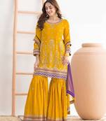yellow embroidered chinon sharara suit for festive wear