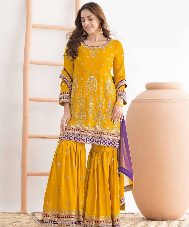 yellow embroidered chinon sharara suit for festive wear