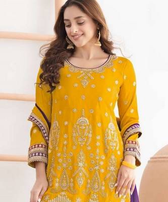 yellow embroidered chinon sharara suit for festive wear 2