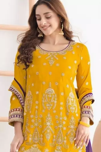 yellow embroidered chinon sharara suit for festive wear